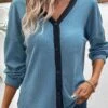 Long Sleeve Button Dusty Blue V Neck Blouse -Rosewe Promotion Store 338184 P 16908782095170