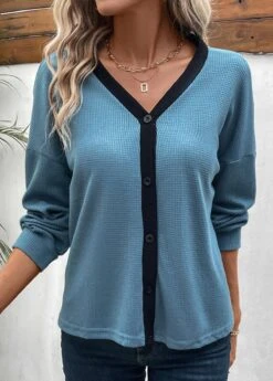 Long Sleeve Button Dusty Blue V Neck Blouse -Rosewe Promotion Store 338184 P 16908782095594