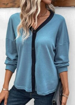 Long Sleeve Button Dusty Blue V Neck Blouse -Rosewe Promotion Store 338184 P 16908782098502
