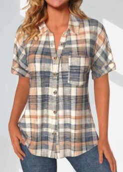 Multi Color Plus Size Button Plaid Blouse