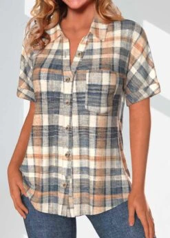 Multi Color Plus Size Button Plaid Blouse -Rosewe Promotion Store 338213 P 1689671167498
