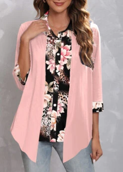 Floral Print Fake 2in1 Light Pink Blouse -Rosewe Promotion Store 338215 P 1689151729414