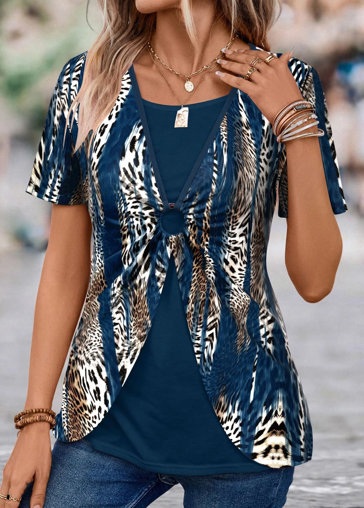 Plus Size Peacock Blue Fake 2in1 T Shirt 5 Plus Size Peacock Blue Fake 2in1 T Shirt - Image 3