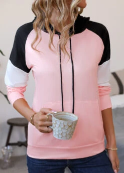 Light Pink Long Sleeve Patchwork Hoodie -Rosewe Promotion Store 338238 P 16911471180803