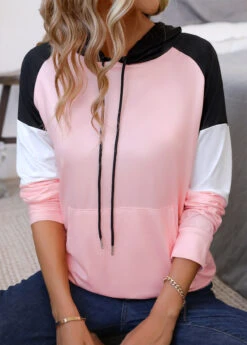 Light Pink Long Sleeve Patchwork Hoodie -Rosewe Promotion Store 338238 P 16911471188194