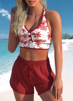 Deep Red High Waisted Tropical Plants Print Bikini Set -Rosewe Promotion Store 338245 P 1690771210106