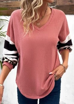 Striped Patchwork Pink V Neck T Shirt -Rosewe Promotion Store 338256 P 16910572352450