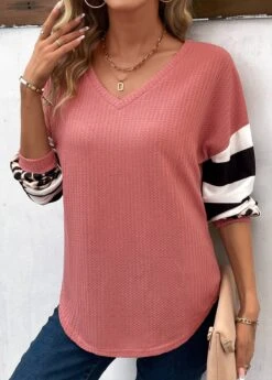 Striped Patchwork Pink V Neck T Shirt -Rosewe Promotion Store 338256 P 16910572357162