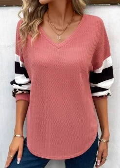 Striped Patchwork Pink V Neck T Shirt -Rosewe Promotion Store 338256 P 16910572358844