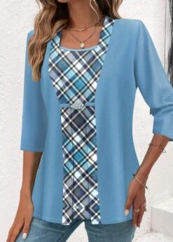 Plaid Fake 2in1 Light Blue T Shirt -Rosewe Promotion Store 338330 P 1691822731366