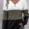 Long Sleeve Patchwork Olive Green V Neck Sweatshirt -Rosewe Promotion Store 338343 P 1689242124684