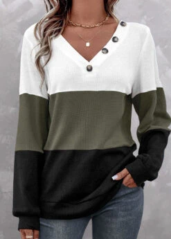 Long Sleeve Patchwork Olive Green V Neck Sweatshirt