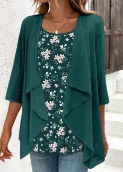 Floral Print Fake 2in1 Blackish Green Blouse -Rosewe Promotion Store 338429 P 1689325814534