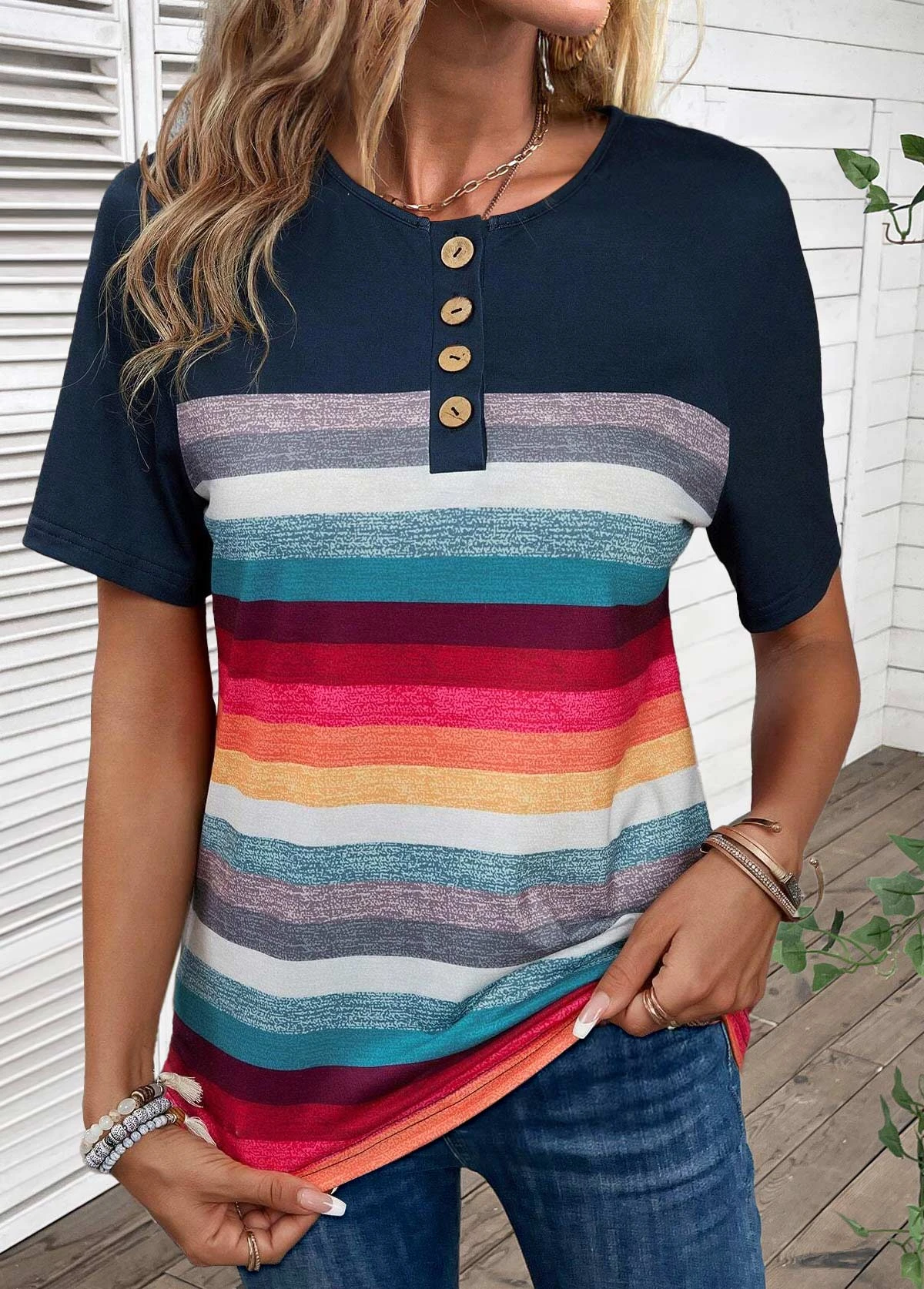 Striped Button Navy Round Neck T Shirt 3 Striped Button Navy Round Neck T Shirt