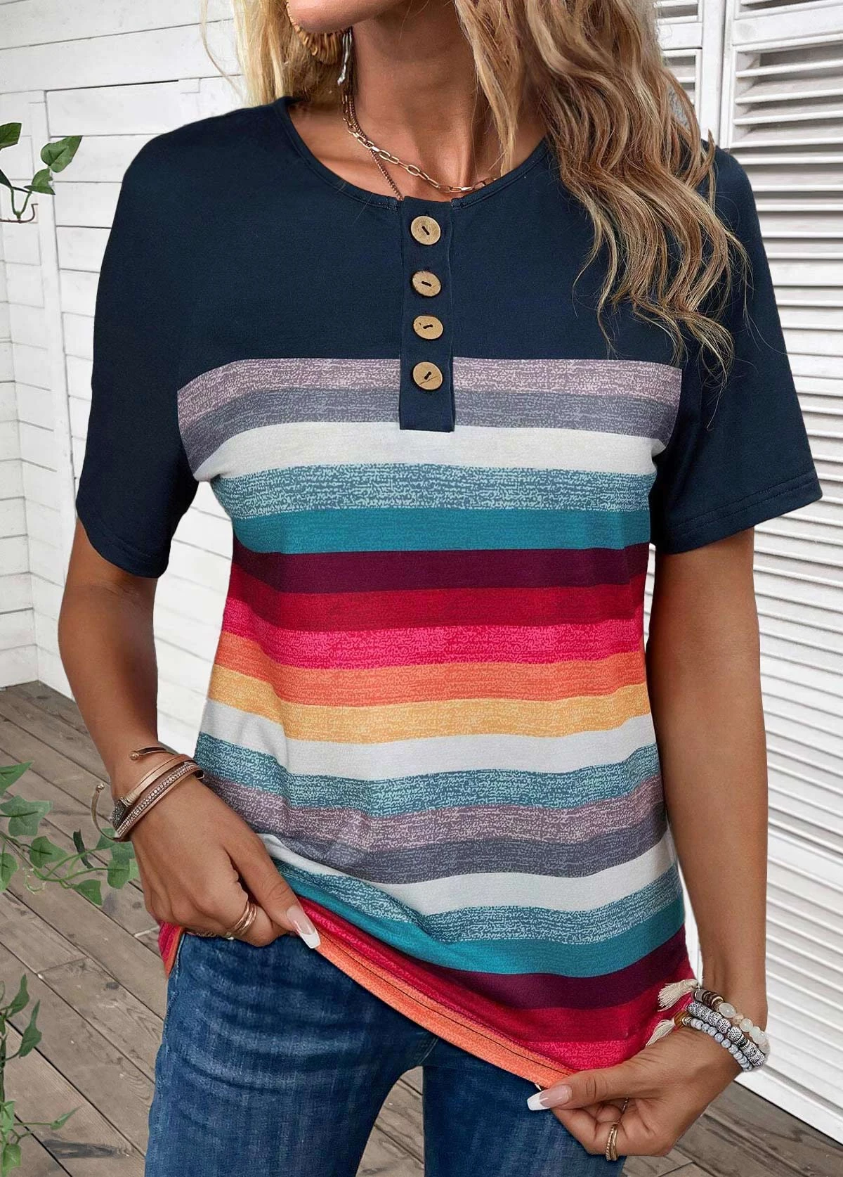 Striped Button Navy Round Neck T Shirt 5 Striped Button Navy Round Neck T Shirt - Image 3