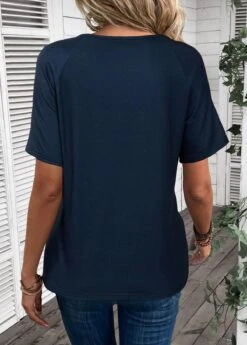 Striped Button Navy Round Neck T Shirt 6 Striped Button Navy Round Neck T Shirt -Rosewe Promotion Store 338462 P 1689581378864