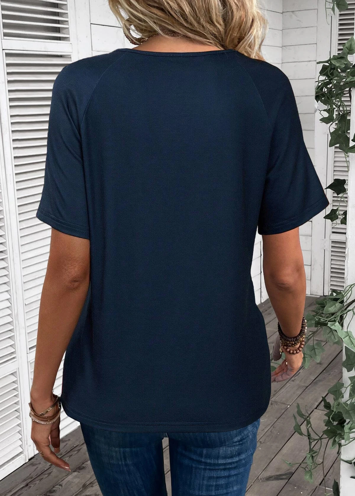 Striped Button Navy Round Neck T Shirt 4 Striped Button Navy Round Neck T Shirt - Image 2