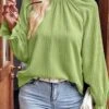 Avocado Green Stand Collar Long Sleeve Ruched Blouse -Rosewe Promotion Store 338530 P 1689752087114