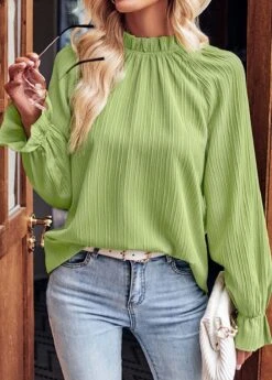 Avocado Green Stand Collar Long Sleeve Ruched Blouse