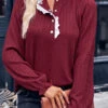 Long Sleeve Patchwork Wine Red Stand Collar Blouse 1 Long Sleeve Patchwork Wine Red Stand Collar Blouse -Rosewe Promotion Store 338534 P 1689752468570