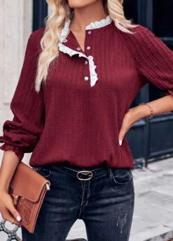 Long Sleeve Patchwork Wine Red Stand Collar Blouse -Rosewe Promotion Store 338534 P 1689752469176