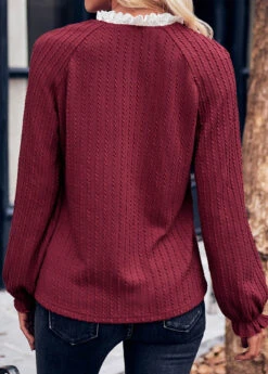 Long Sleeve Patchwork Wine Red Stand Collar Blouse -Rosewe Promotion Store 338534 P 1689752469220