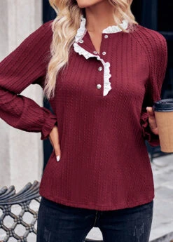 Long Sleeve Patchwork Wine Red Stand Collar Blouse -Rosewe Promotion Store 338534 P 1689752469903