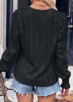 Long Sleeve Smocked Black V Neck T Shirt 7 Long Sleeve Smocked Black V Neck T Shirt -Rosewe Promotion Store 338536 P 1689753169241