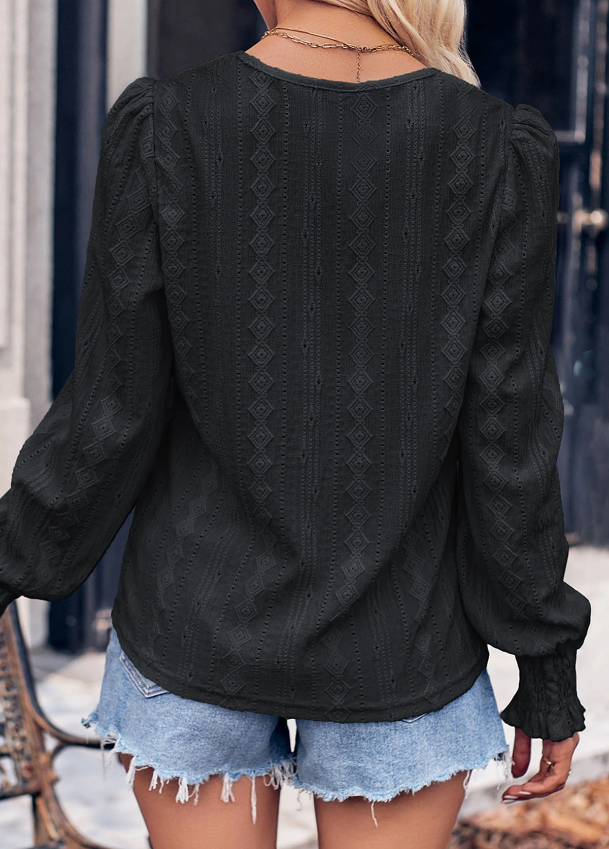 Long Sleeve Smocked Black V Neck T Shirt 4 Long Sleeve Smocked Black V Neck T Shirt - Image 2