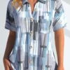 Geometric Print Pocket Light Blue Shirt Collar Blouse -Rosewe Promotion Store 338544 P 1689580308330