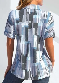 Geometric Print Pocket Light Blue Shirt Collar Blouse -Rosewe Promotion Store 338544 P 1689580308593