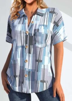 Geometric Print Pocket Light Blue Shirt Collar Blouse -Rosewe Promotion Store 338544 P 1689580309490