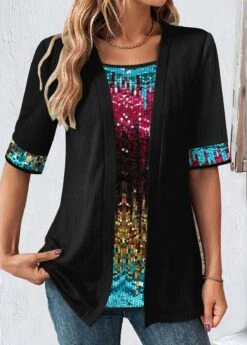 Square Neck Fake 2in1 Black T Shirt