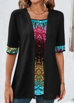 Square Neck Fake 2in1 Black T Shirt -Rosewe Promotion Store 338554 P 1689815713114