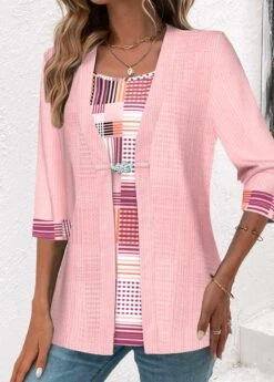 Geometric Print Fake 2in1 Pink T Shirt -Rosewe Promotion Store 338555 P 1690790860132