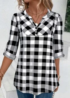 Plaid Button Black Split Neck Blouse