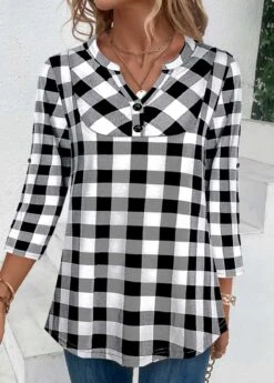 Plaid Button Black Split Neck Blouse -Rosewe Promotion Store 338570 P 1689664633844