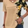 Floral Print Patchwork Light Camel Asymmetrical Neck Blouse -Rosewe Promotion Store 338585 P 1690190827057