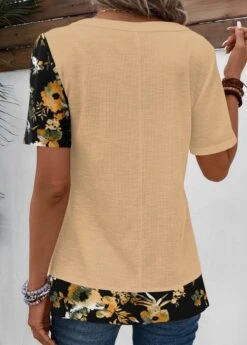 Floral Print Patchwork Light Camel Asymmetrical Neck Blouse -Rosewe Promotion Store 338585 P 1690190827516