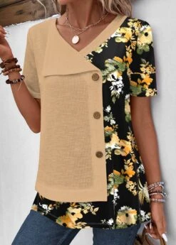 Floral Print Patchwork Light Camel Asymmetrical Neck Blouse -Rosewe Promotion Store 338585 P 1690190828042