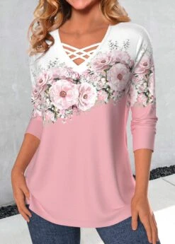 Floral Print Criss Cross Pink T Shirt -Rosewe Promotion Store 338634 P 1689668628738