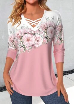 Floral Print Criss Cross Pink T Shirt