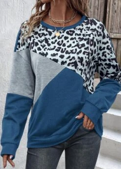 Leopard Patchwork Dusty Blue Round Neck Sweatshirt