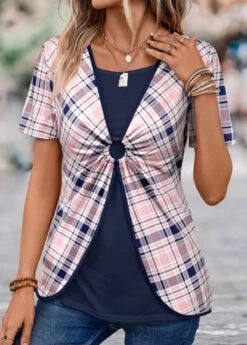 Plaid Fake 2in1 Multi Color T Shirt -Rosewe Promotion Store 338659 P 1689671918971