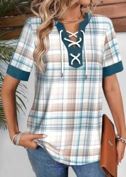 Plaid Lace Up Multi Color Split Neck Blouse