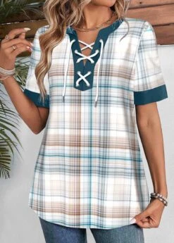 Plaid Lace Up Multi Color Split Neck Blouse -Rosewe Promotion Store 338671 P 1689673807485