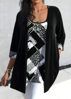 Geometric Print Patchwork Black Tank Top And Cardigan