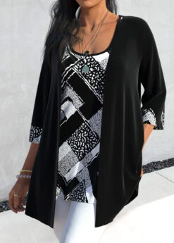 Geometric Print Patchwork Black Tank Top And Cardigan -Rosewe Promotion Store 338704 P 1689728909570 1