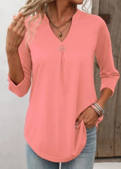 Circular Ring Split Neck Pink T Shirt