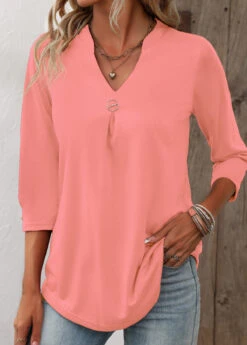 Circular Ring Split Neck Pink T Shirt -Rosewe Promotion Store 338740 P 16914787708642